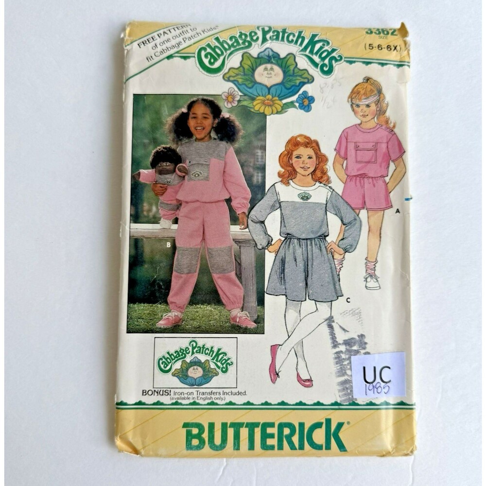 Vtg 80s Butterick 3362 Cabbage Patch Top Shorts Pants Culottes Transfers 5-6-6X